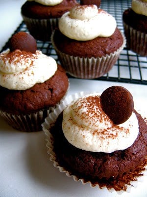 chocolate banana cupcakes on a wire rack