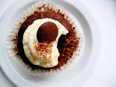 overhead shot of chocolate banana cupcake