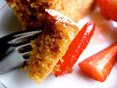 piece of almond cake on a fork