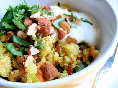 close up of a bowl of curried quinoa