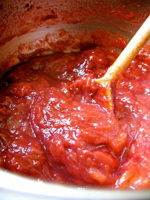 rhubarb jam being cooked in apot