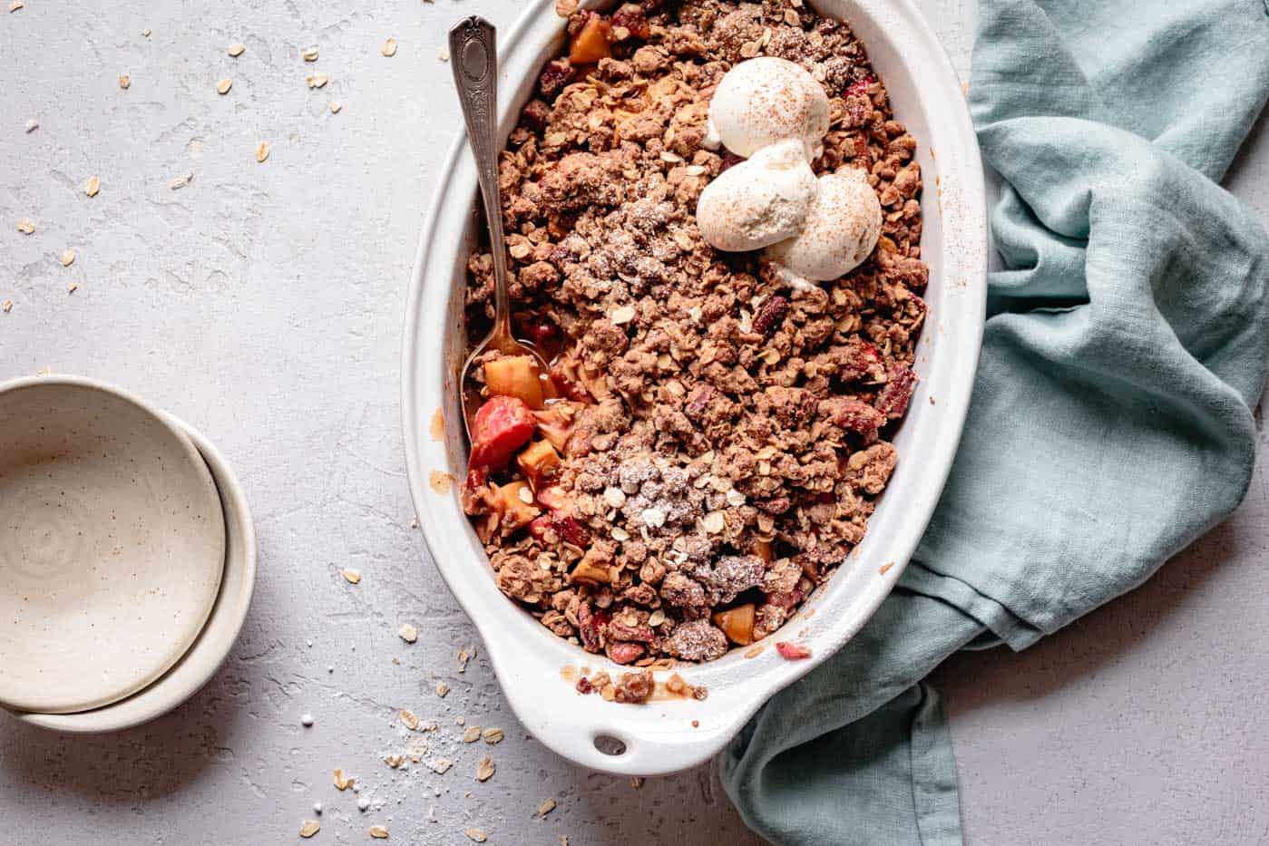 rhubarb apple ginger crumble in a baking dish