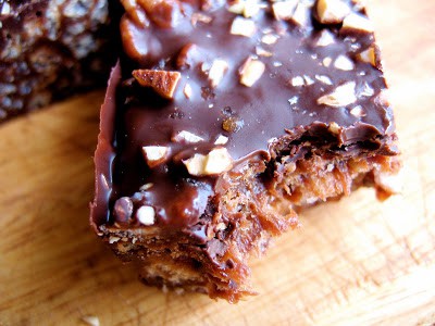healthy chocolate rice crispy treats with a bite taken out