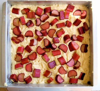 top down shot of rhubarb coffee cake in a baking pan