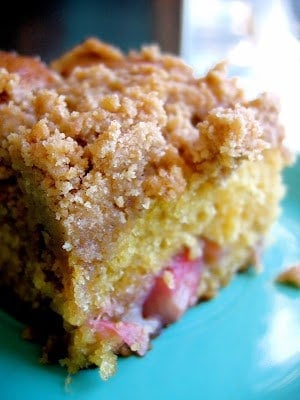 close up of Rhubarb Coffee Cake slice 