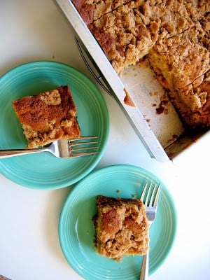 top down shot of rhubarb coffee cake on plates