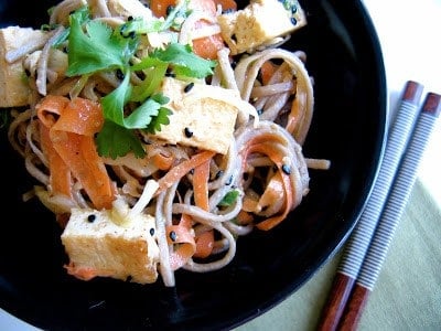 top down shot of soba noodles