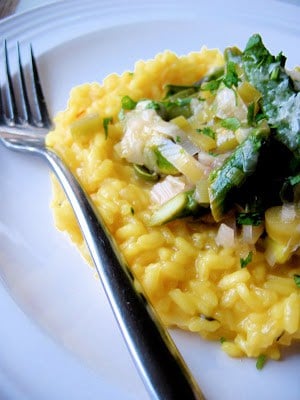 saffron risotto on a plate with ragout