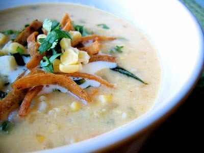 side shot of corn chowder in a bowl