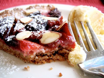 slice of plum tart with fork