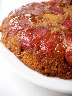 close up of upside down cake on a dish
