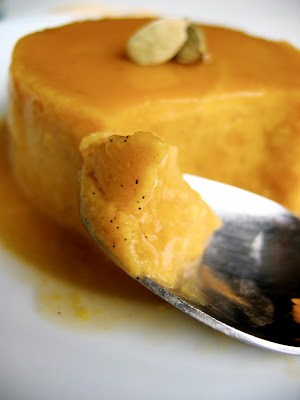 close up of a spoonful of pumpkin flan