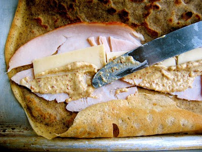 ham cheese and mustard filling in a crepe