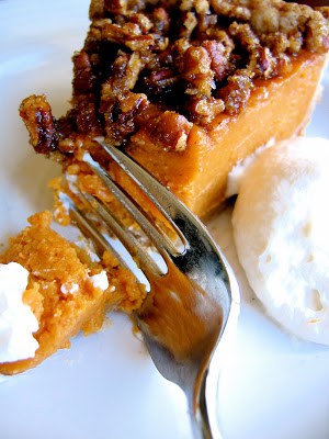 fork slicing through sweet potato pie