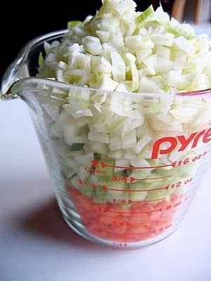 pyrex jug of chopped vegetables