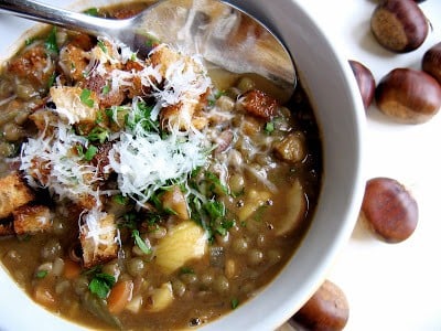 top down shot of lentil soup with chestnuts and fennel