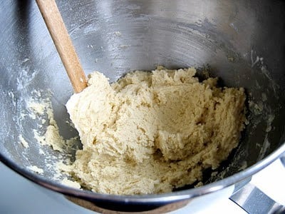 cookie dough being stirred in a bowl