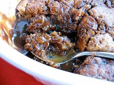 close up of sticky date pudding