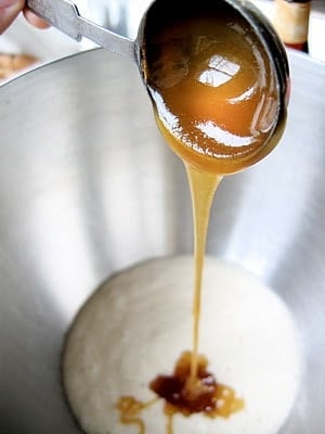 wet ingredients being added to dry ingredients