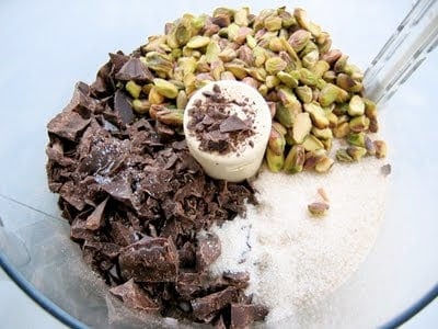 pistachio and chocolate in a blender 