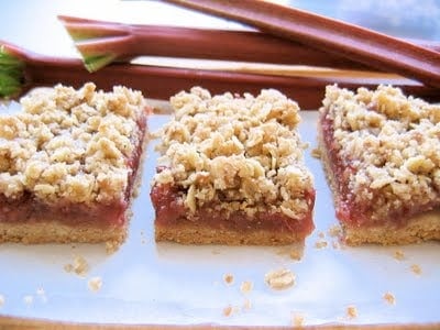 three rhubarb crumble bars 