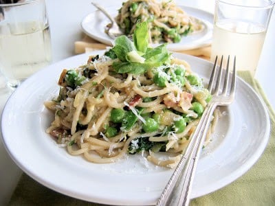 pasta alla carbonara on a plate with a fork