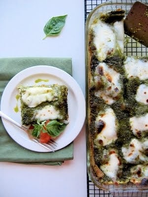 top down shot of baking dish with lasagna 