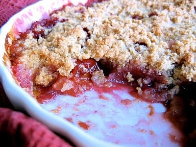 plum crumble in a baking dish 