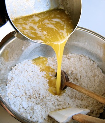egg poured into flour