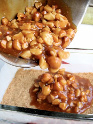 caramel nuts poured into baking dish