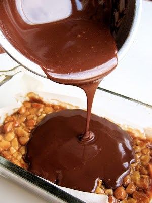 chocolate poured onto nuts 