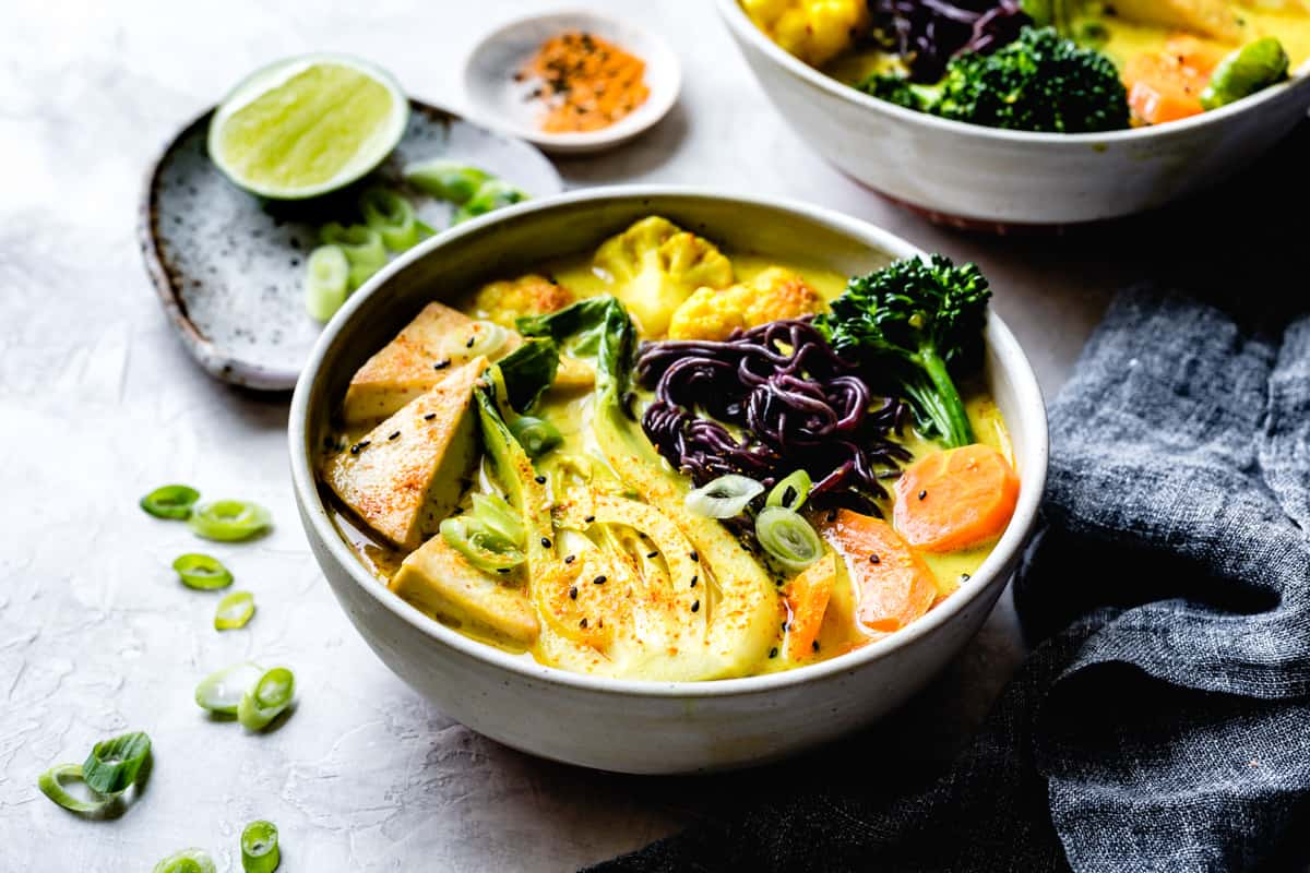 bowl of Vegan Coconut Curry Noodle Soup {gluten-free}