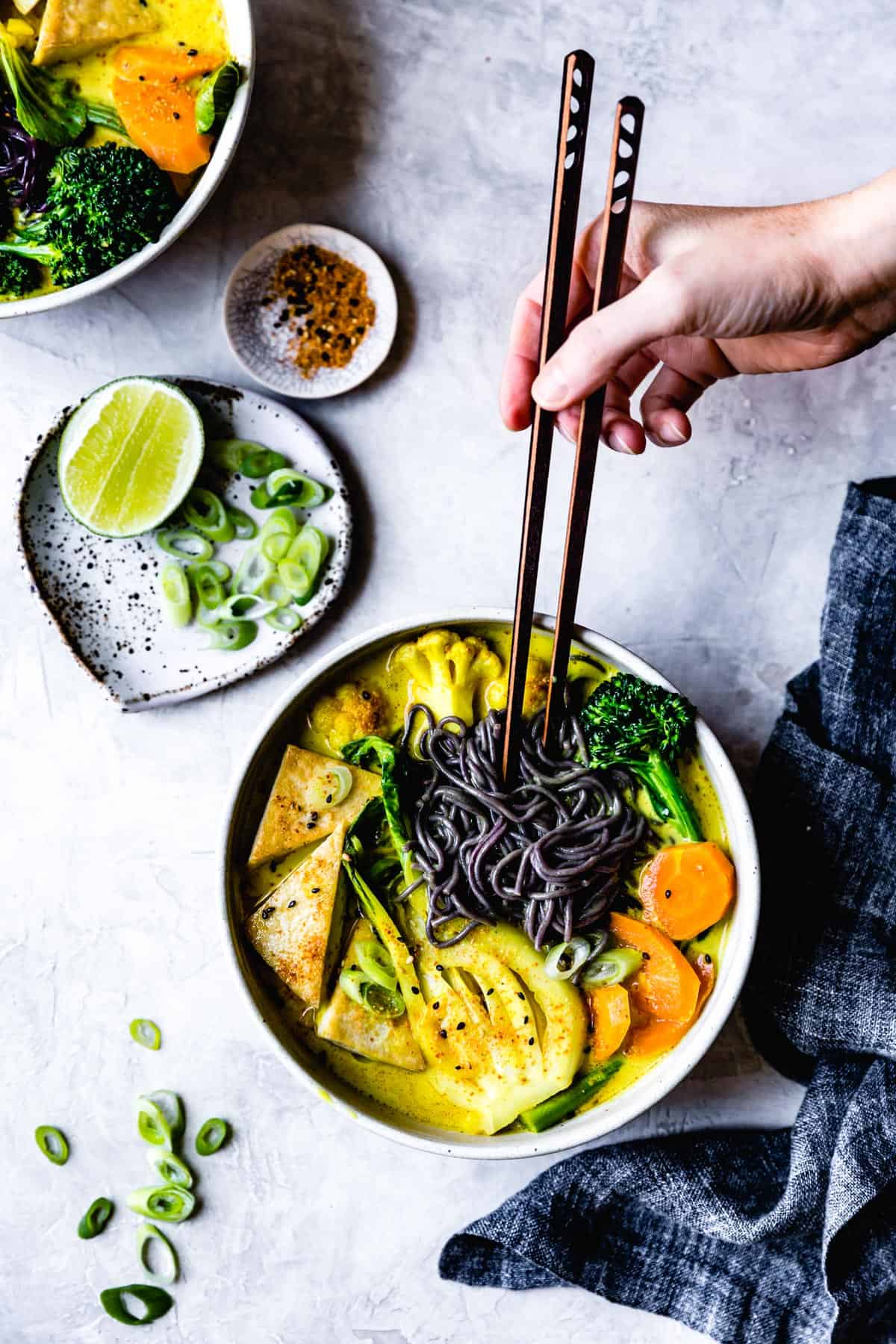 top down shot of Vegan Coconut Curry Noodle Soup {gluten-free}