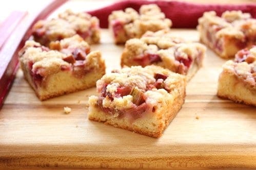 close up of delicious rhubarb buckle 