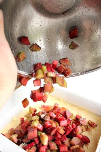rhubarb slices poured into a dish 