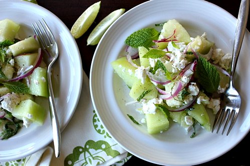 mint melon and feta salad on a plate