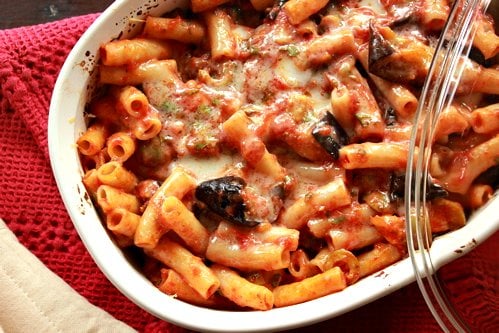 baking dish with baked penne