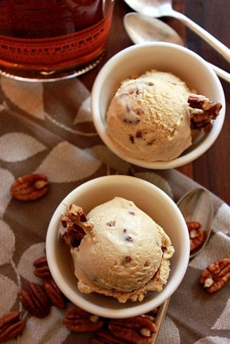 scoops of maple bourbon pecan ice cream in bowls 