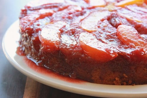 side shot of nectarine plum upside down cake 