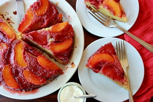 overhead shot of nectarine plum upside down cake 