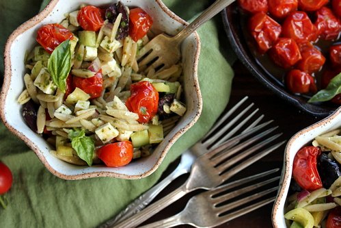 Orzo Pasta Salad with Roasted Cherry Tomatoes in bowls 