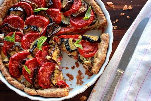 overhead shot of roasted eggplant tomato tart 