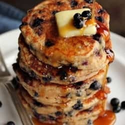stack of huckleberry sprouted wheat pancakes