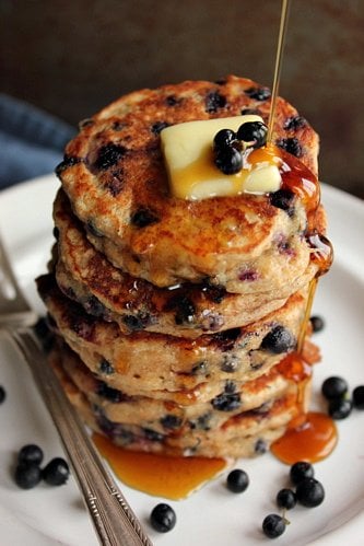 stack of huckleberry sprouted wheat pancakes