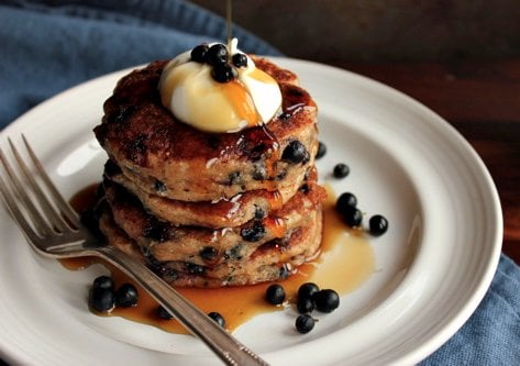 stack of huckleberry whole wheat pancakes 