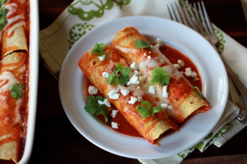 sweet potato and black bean enchiladas in a bowl 