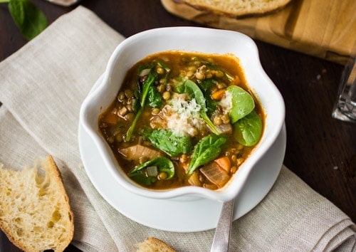 bowl of french lentil and spinach soup 