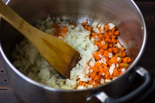 diced vegetables being stirred 