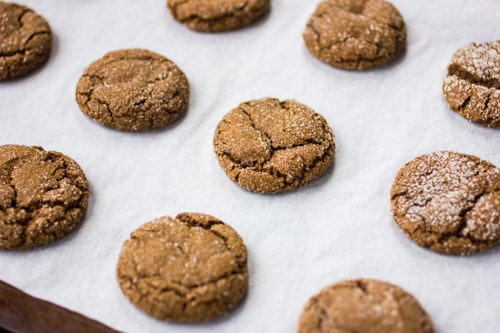chewy gluten free molasses cookies on a tray 