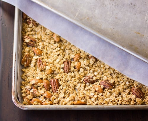 granola on a baking tray 